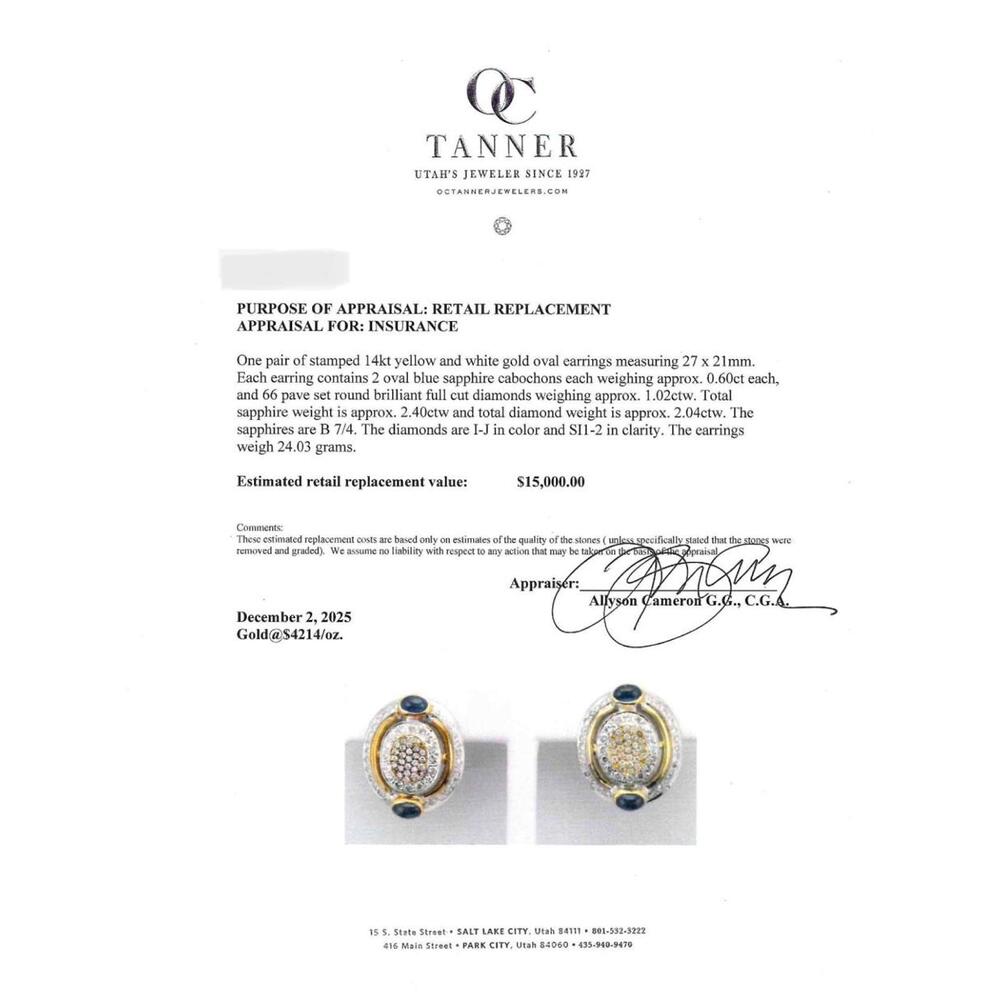14k Yellow & White Gold Diamond Sapphire Oval Earrings 2.4ctw